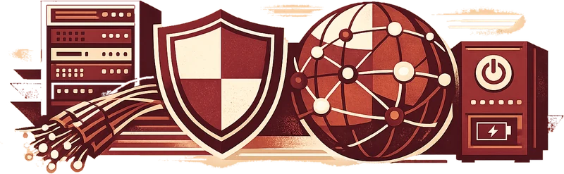 Server rack, security shield, global network and UPS power system — infrastructure Cloud Networks supplies, installs and maintains