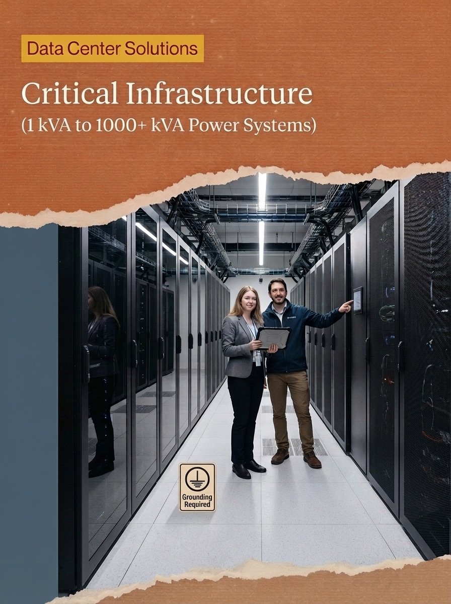 Engineers beside server racks in a data center aisle — UPS backup power and critical infrastructure from 1 kVA to 1000+ kVA