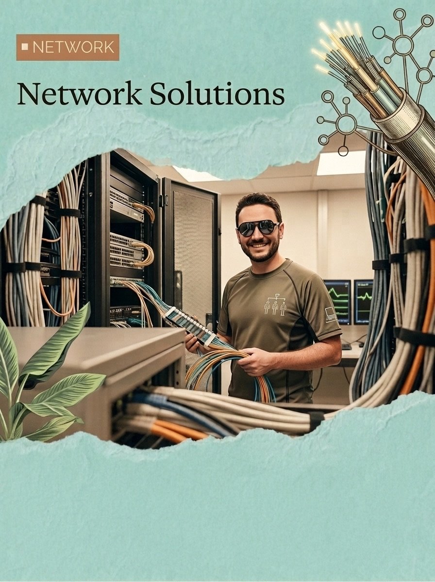 Technician terminating structured cabling and fiber in a network rack — cabling, switching and Wi-Fi network solutions