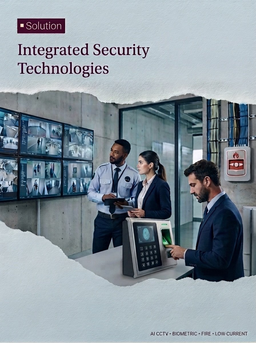Security staff monitoring a CCTV video wall while a visitor uses a biometric fingerprint reader — CCTV, access control and fire alarm systems