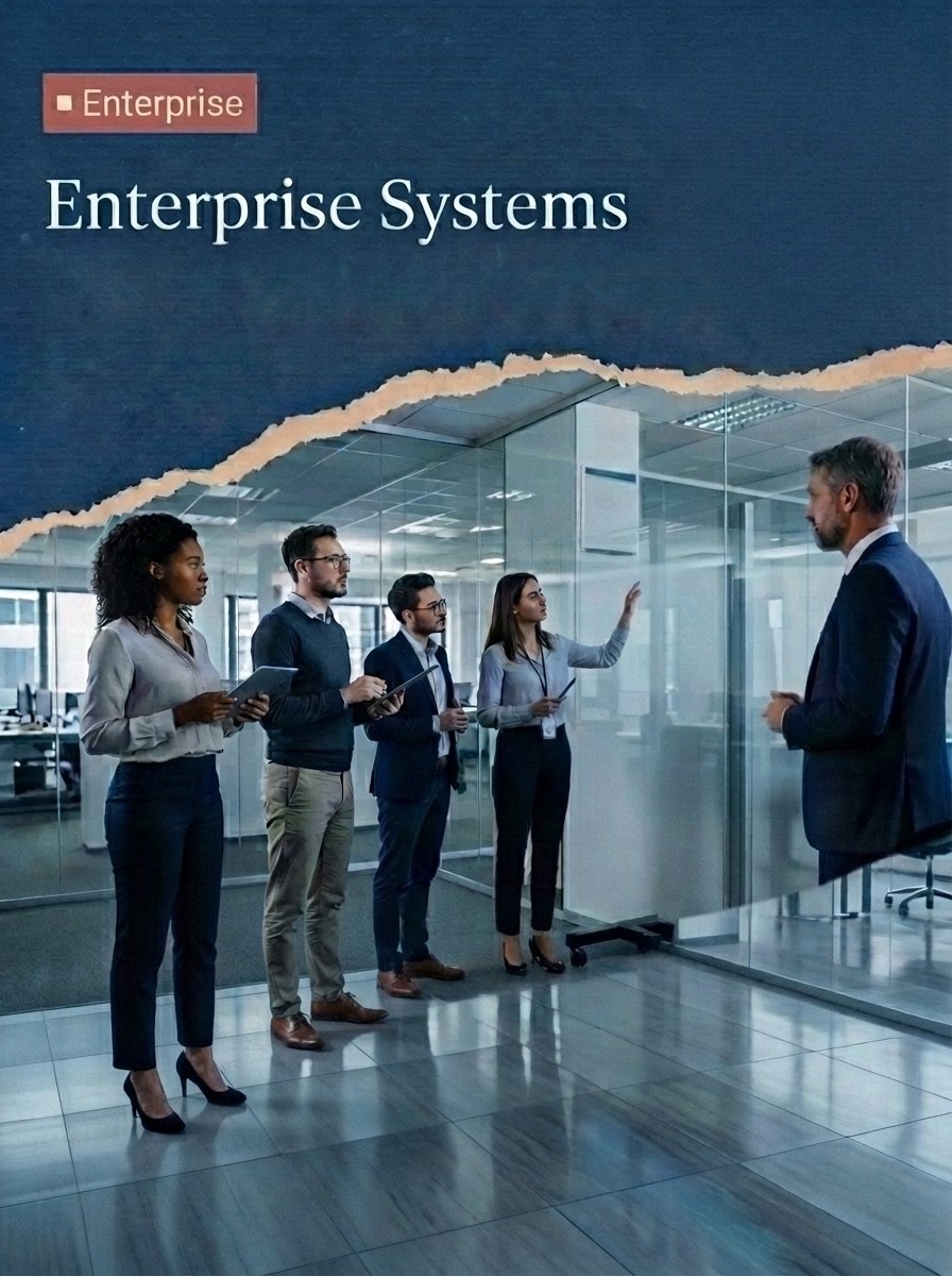 Business team meeting in a glass-walled corporate office — enterprise servers, storage, computers and business software