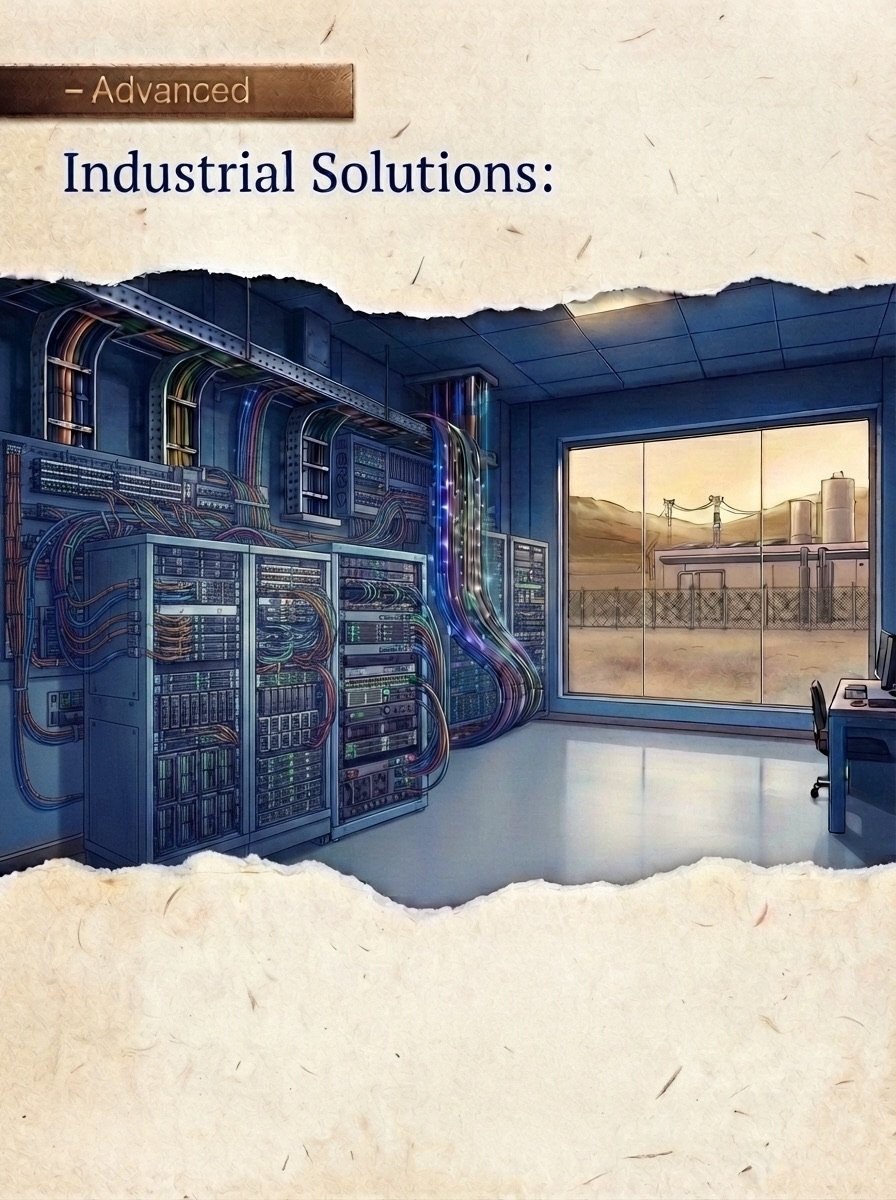 Industrial control room with electrical panels and cable trays overlooking a plant — industrial power distribution and automation