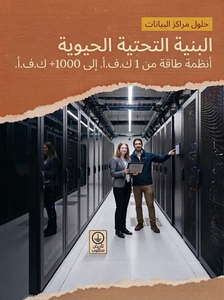 مهندسان بجانب خزائن الخوادم في ممر مركز بيانات — أنظمة طاقة احتياطية UPS وبنية تحتية حيوية من 1 ك.ف.أ إلى 1000+ ك.ف.أ