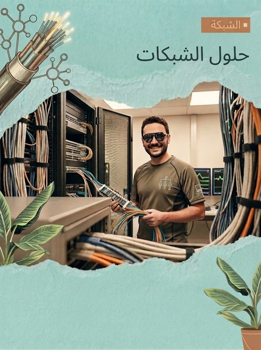 فني يوصّل كابلات الشبكة والألياف البصرية داخل خزانة شبكة — حلول الكابلات والسويتشات وشبكات الواي فاي