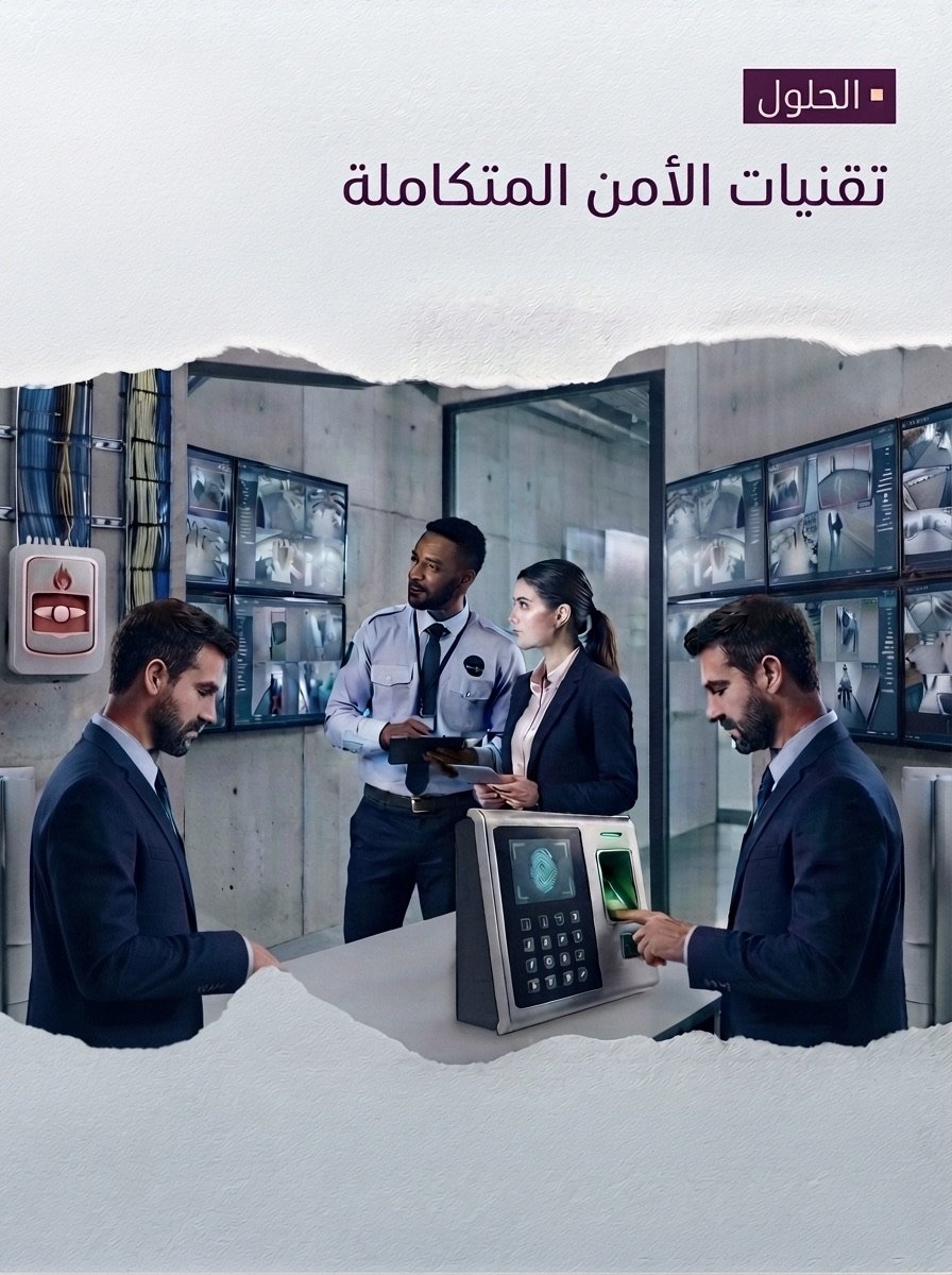 فريق أمن يراقب شاشات كاميرات المراقبة وجهاز بصمة للتحكم بالدخول — كاميرات مراقبة وأنظمة دخول وإنذار حريق