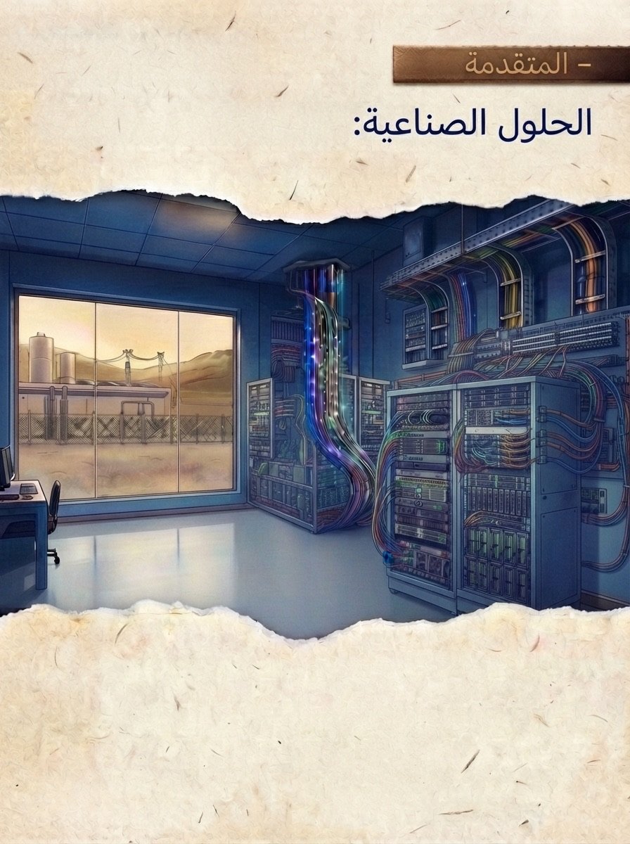 غرفة تحكم صناعية بلوحات كهربائية ومسارات كابلات تطل على منشأة صناعية — توزيع الطاقة والأتمتة الصناعية